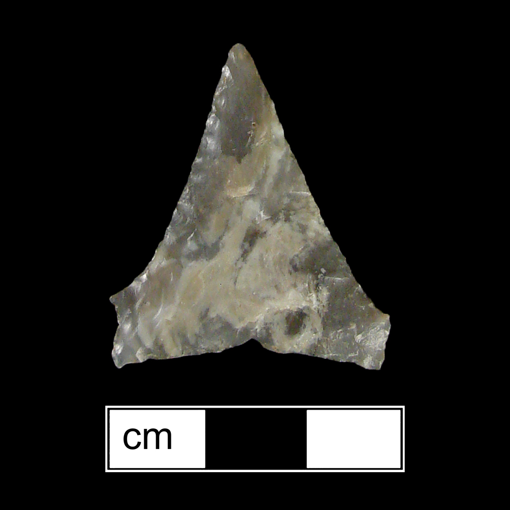 Image of stone projectile point made of Chert, Triangular shape, with a N/A stem, Incurvate blade, and Concave base shape. Levanna type.