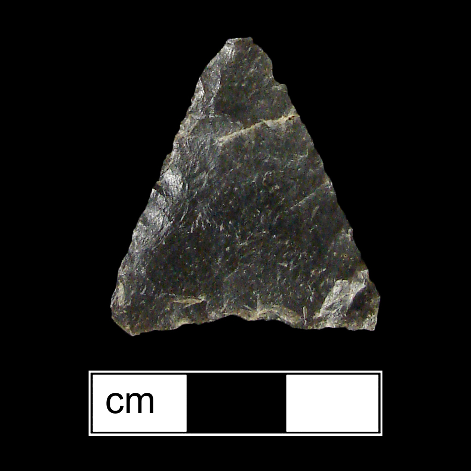 Image of stone projectile point made of Chert, Triangular shape, with a N/A stem, Straight blade, and Concave base shape. Levanna type.