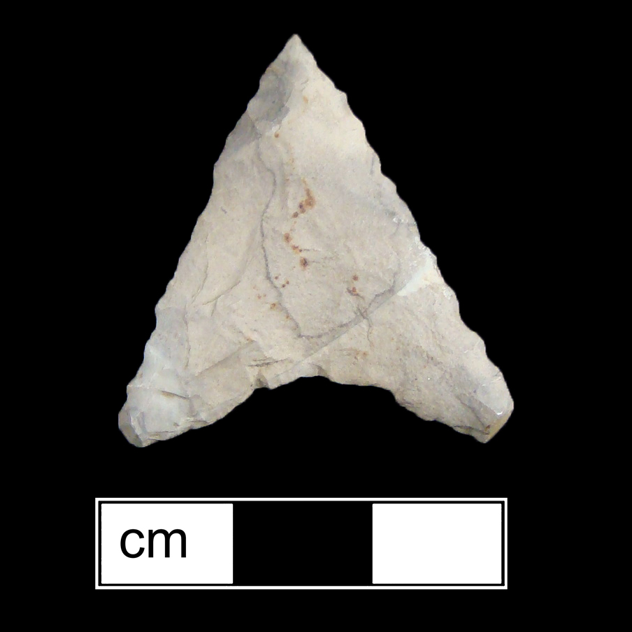 Image of stone projectile point made of Chert, Triangular shape, with a N/A stem, Straight blade, and Concave base shape. Levanna type.