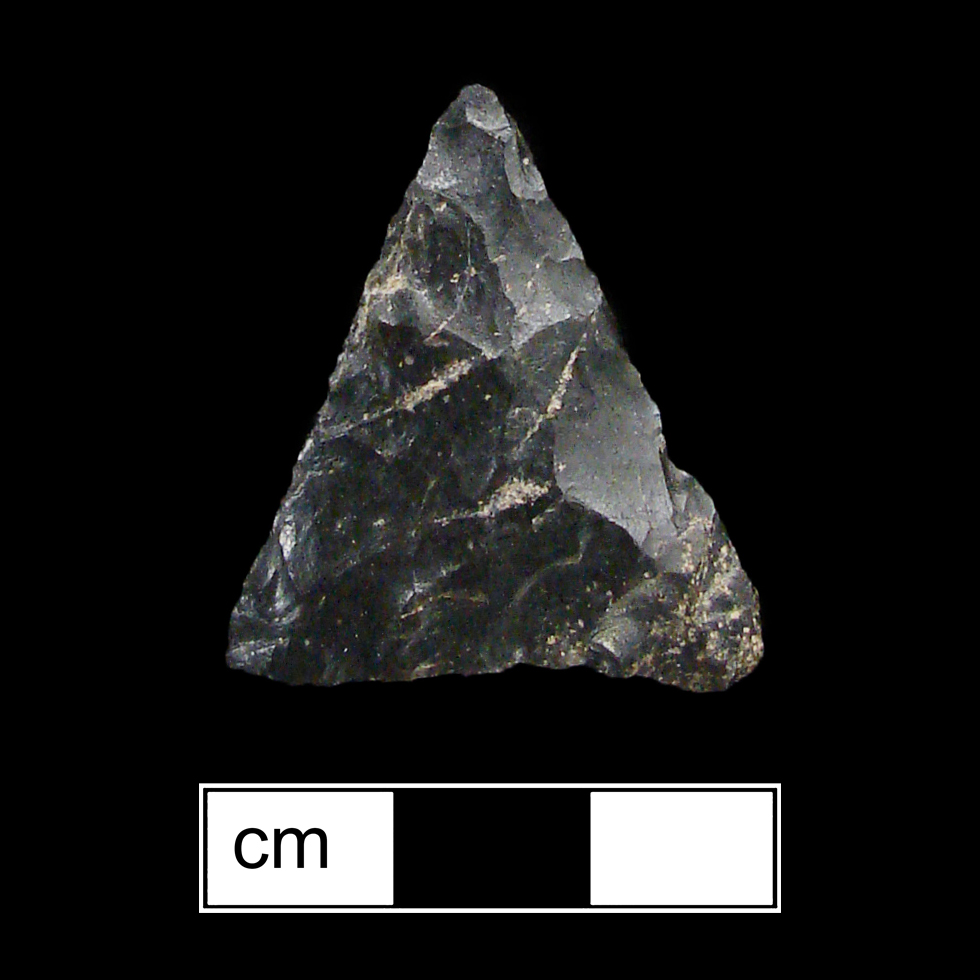Image of stone projectile point made of Chert, Triangular shape, with a N/A stem, Straight blade, and Straight base shape. Levanna type.