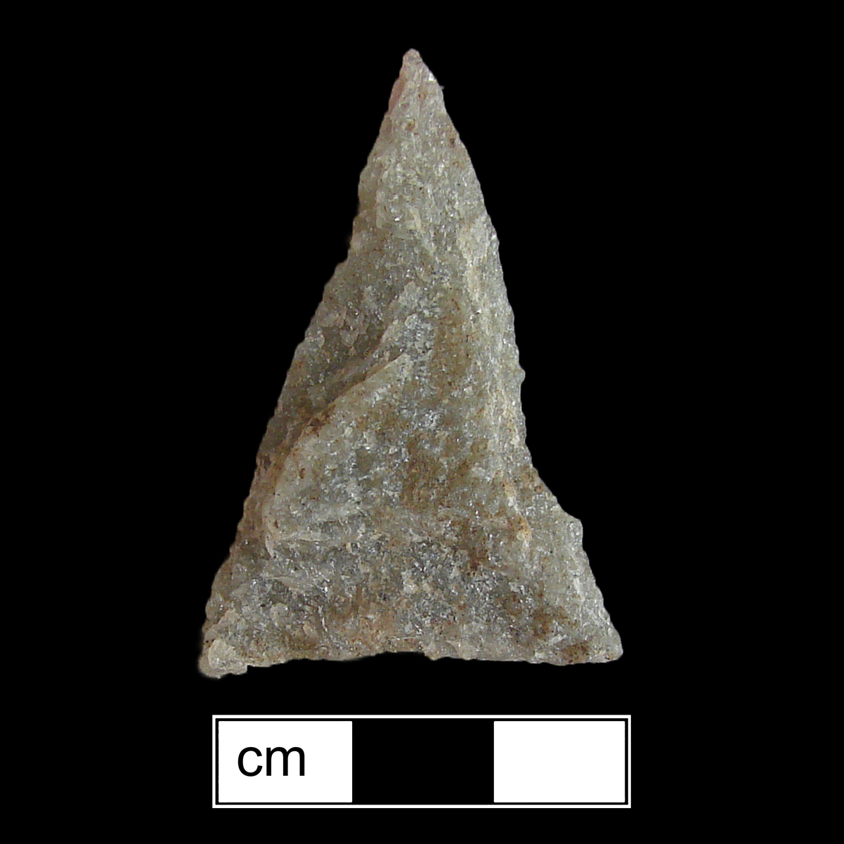 Image of stone projectile point made of Quartzite, Triangular shape, with a N/A stem, Straight blade, and Straight base shape. Levanna type.