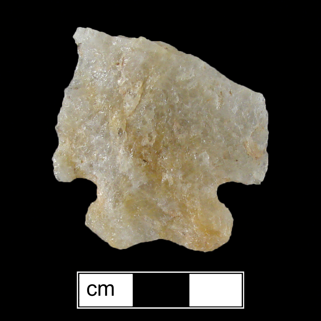 Image of stone projectile point made of Quartz, Bifurcate shape, with a Expanding stem, Unknown blade, and Bifurcate base shape. MacCorkle type.