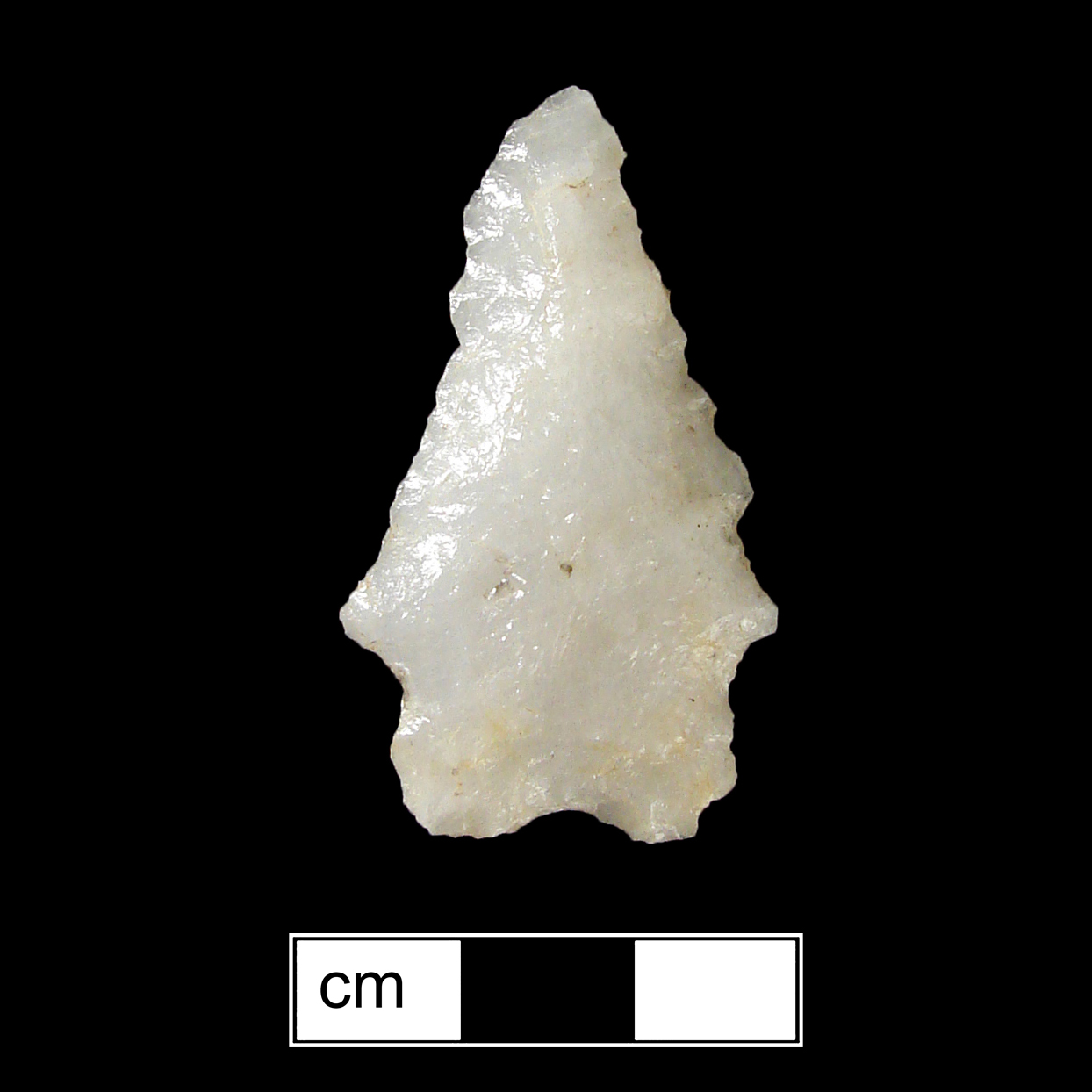 Image of stone projectile point made of Quartz, Bifurcate shape, with a Expanding stem, Straight blade, and Bifurcate base shape. MacCorkle type.