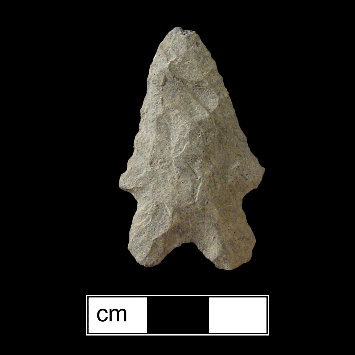Image of stone projectile point made of Rhyolite, Bifurcate shape, with a Expanding stem, Straight blade, and Bifurcate base shape. MacCorkle type.