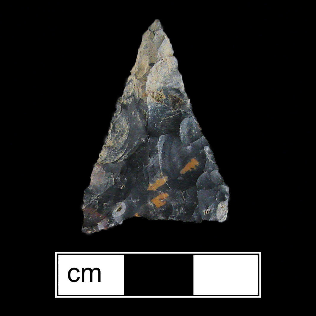 Image of stone projectile point made of Chert, Triangular shape, with a N/A stem, Straight blade, and Concave base shape. Madison type.