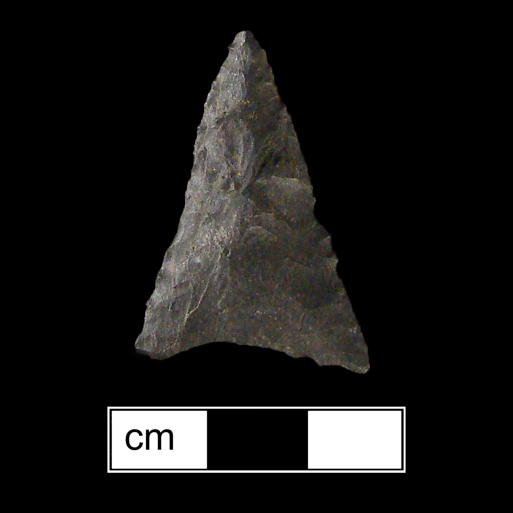 Image of stone projectile point made of Chert, Triangular shape, with a N/A stem, Straight blade, and Concave base shape. Madison type.
