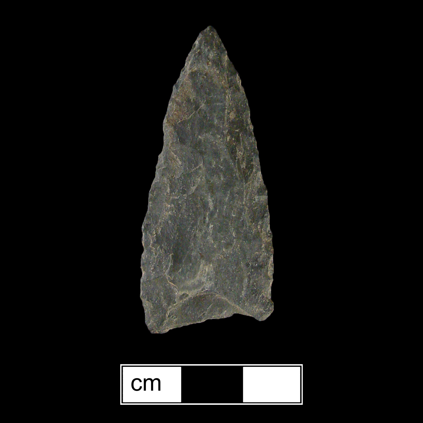Image of stone projectile point made of Rhyolite, Triangular shape, with a N/A stem, Excurvate blade, and Concave base shape. Madison type.