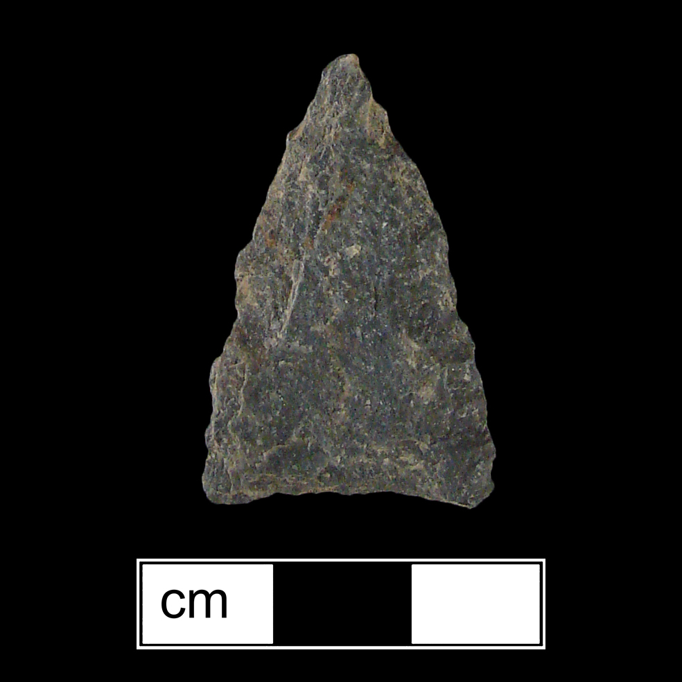 Image of stone projectile point made of Rhyolite, Triangular shape, with a N/A stem, Excurvate blade, and Concave base shape. Madison type.