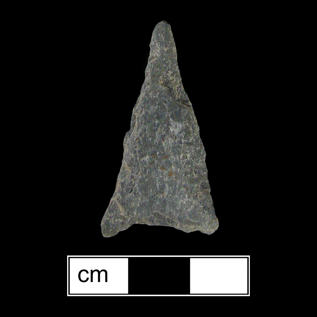 Image of stone projectile point made of Rhyolite, Triangular shape, with a N/A stem, Straight blade, and Concave base shape. Madison type.