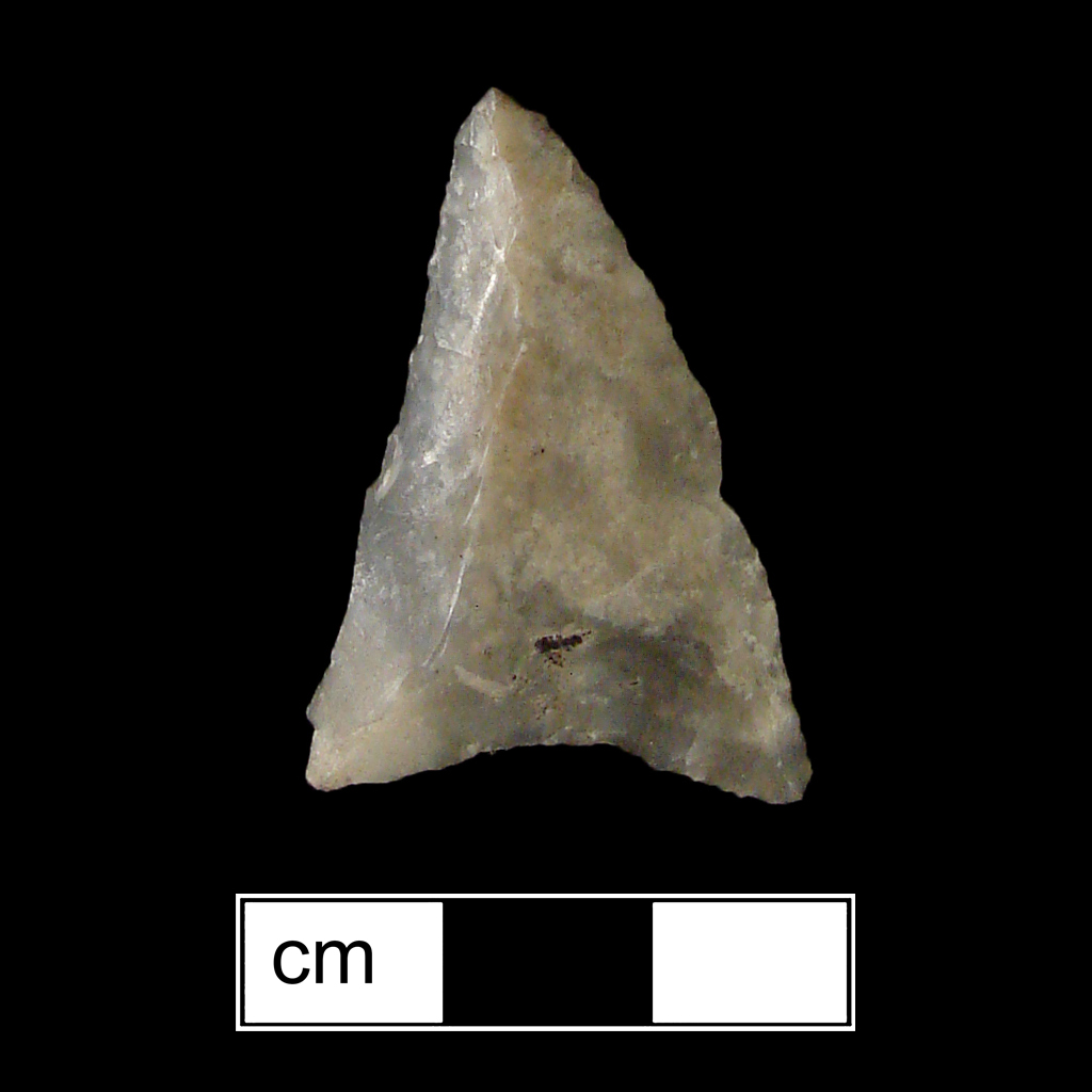 Image of stone projectile point made of Chalcedony/Flint, Triangular shape, with a N/A stem, Excurvate blade, and Concave base shape. Madison type.