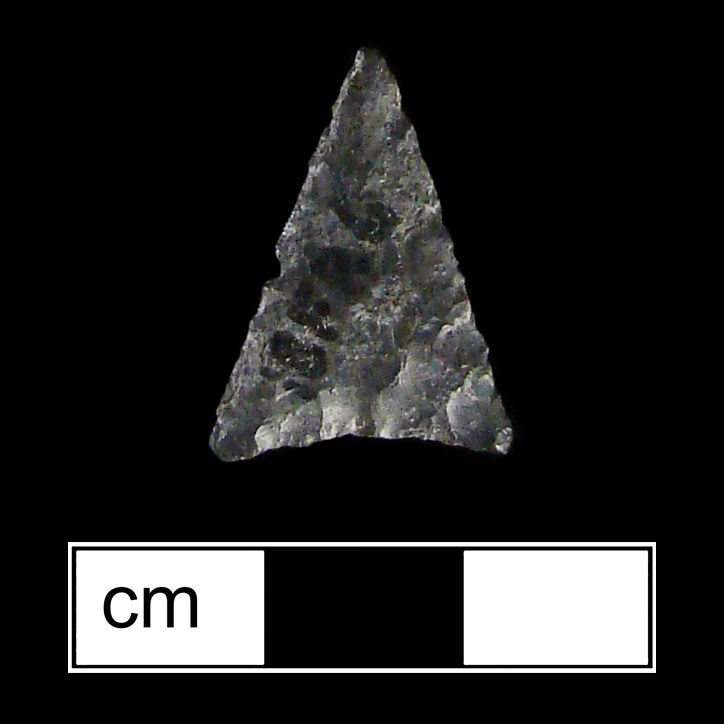 Image of stone projectile point made of Chert, Triangular shape, with a N/A stem, Straight blade, and Concave base shape. Madison type.