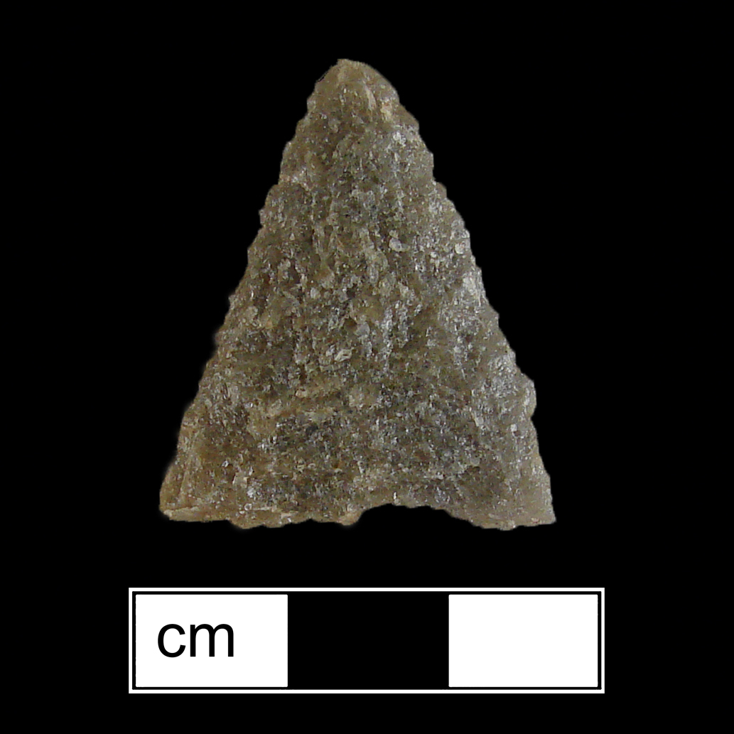 Image of stone projectile point made of Quartzite, Triangular shape, with a N/A stem, Straight blade, and Straight base shape. Madison type.