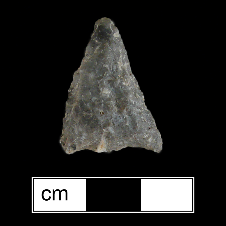 Image of stone projectile point made of Chert, Triangular shape, with a N/A stem, Straight blade, and Straight base shape. Madison type.