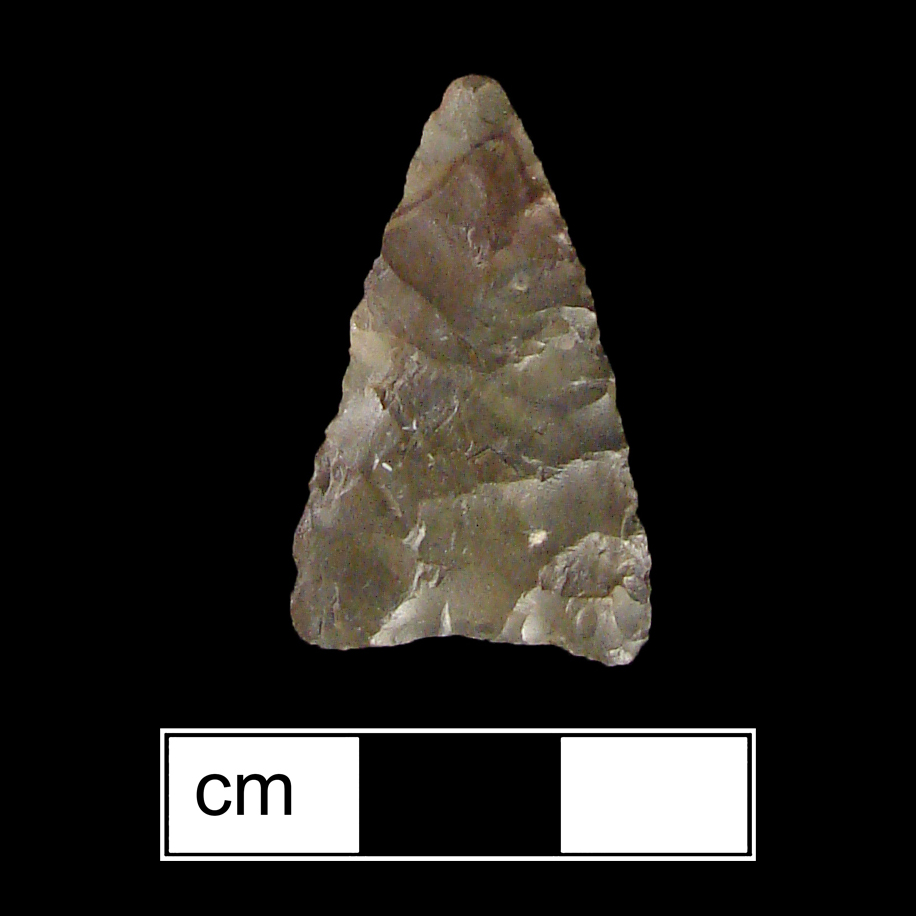 Image of stone projectile point made of Chert, Triangular shape, with a N/A stem, Straight blade, and Concave base shape. Madison type.