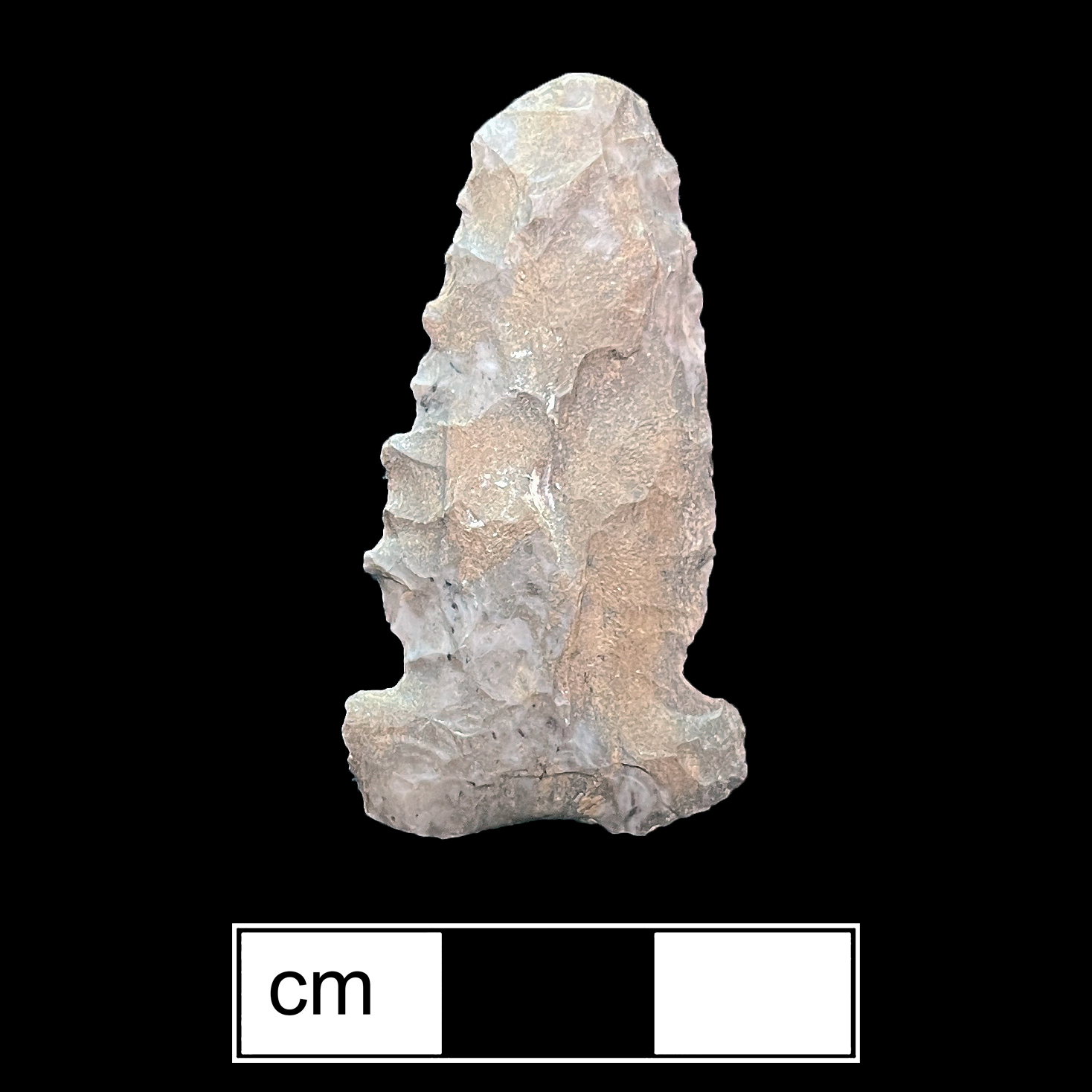 Image of stone projectile point made of Chert, Side-Notched shape, with a Expanding stem, Serrated-Straight blade, and Concave base shape. Meadwood type.