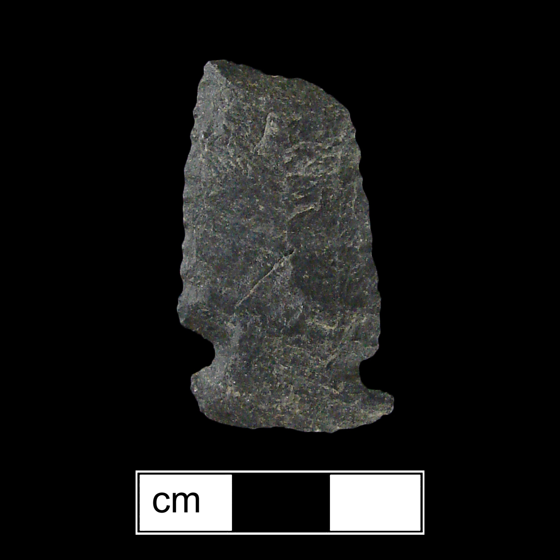 Image of stone projectile point made of Rhyolite, Side-Notched shape, with a Expanding stem, N/A blade, and Convex base shape. Meadwood type.