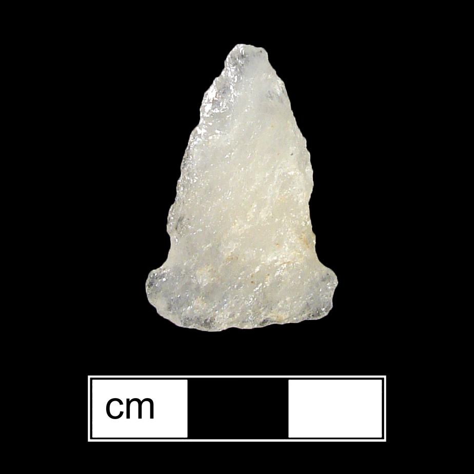 Image of stone projectile point made of Quartz, Side-Notched shape, with a Expanding stem, Excurvate blade, and Straight base shape. Meadwood type.