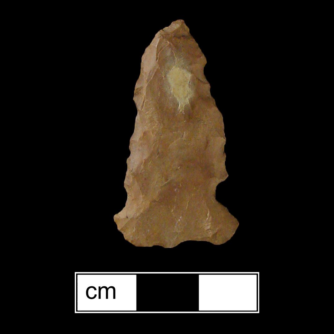 Image of stone projectile point made of Jazper, Side-Notched shape, with a Expanding stem, Excurvate blade, and Straight base shape. Meadwood type.