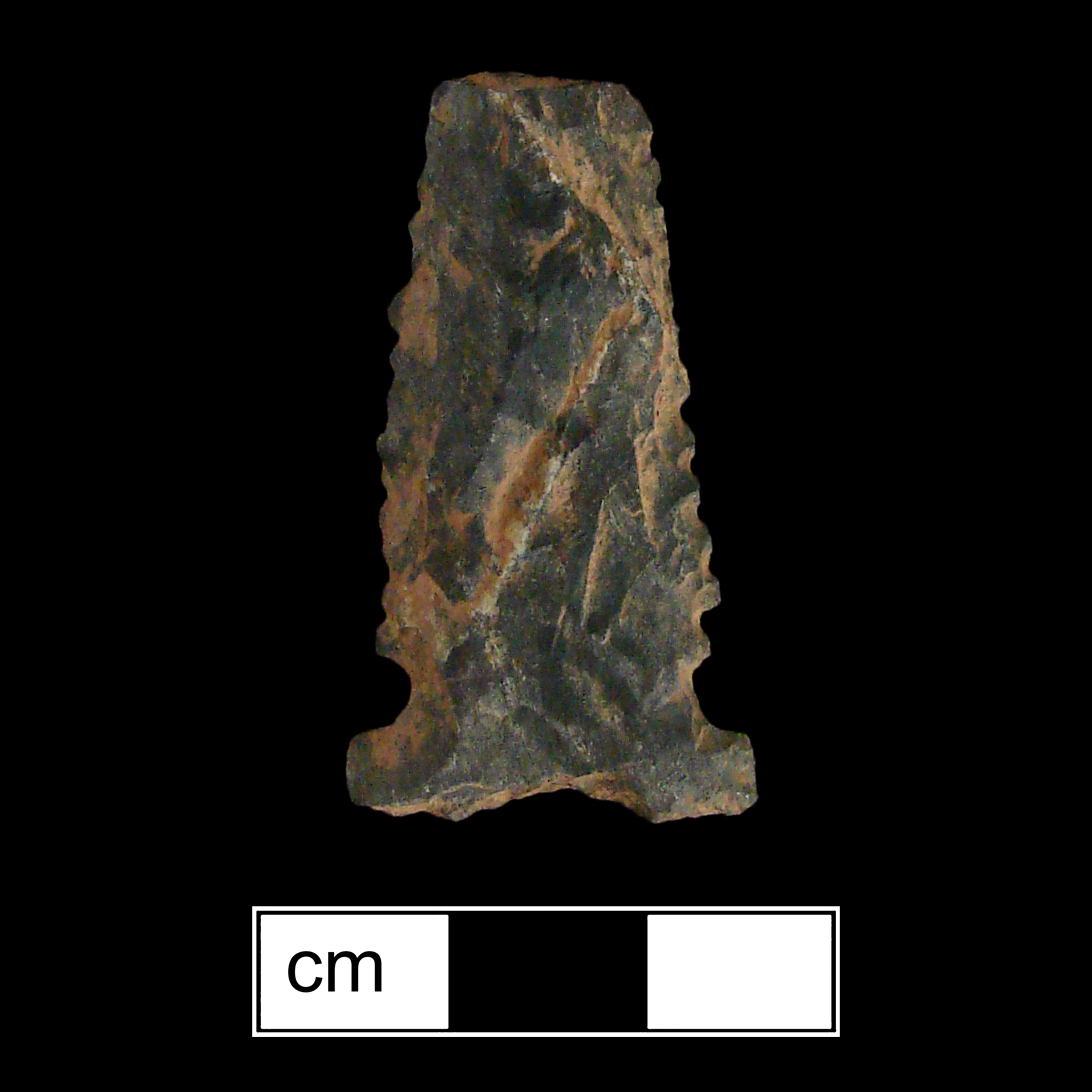 Image of stone projectile point made of Chert, Side-Notched shape, with a Expanding stem, N/A blade, and Concave base shape. Meadwood type.