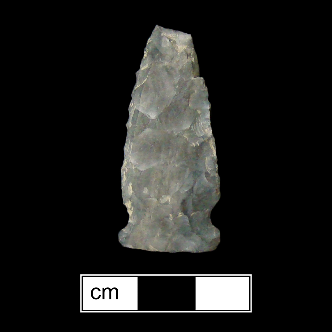 Image of stone projectile point made of Chert, Side-Notched shape, with a Expanding stem, Excurvate blade, and Straight base shape. Meadwood type.
