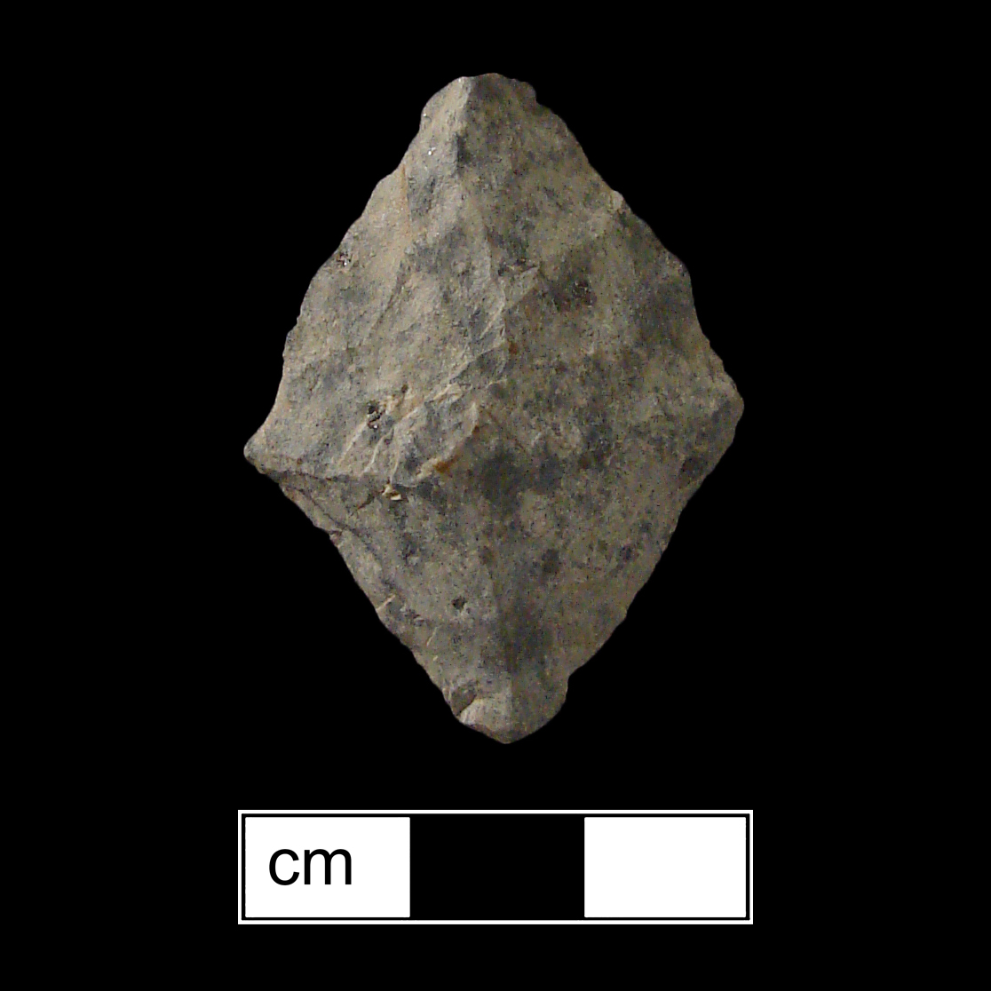 Image of stone projectile point made of Rhyolite, Contracting Stem shape, with a contracting stem, Excurvate blade, and Convex base shape. Morrow Mountain type.