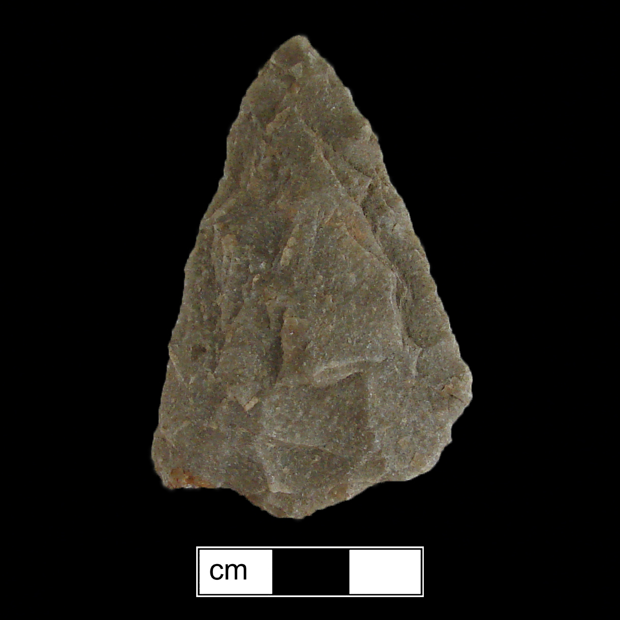 Image of stone projectile point made of Rhyolite, Contracting Stem shape, with a contracting stem, Straight blade, and Convex base shape. Morrow Mountain type.