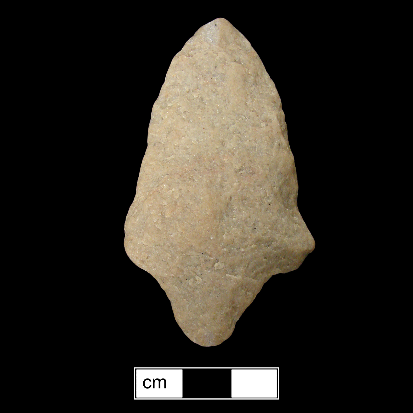 Image of stone projectile point made of Quartzite, Contracting Stem shape, with a contracting stem, Excurvate blade, and Convex base shape. Morrow Mountain type.