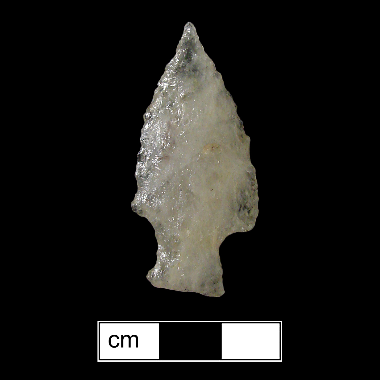 Image of stone projectile point made of Quartz, Side-Notched shape, with a Expanding stem, Excurvate blade, and Straight base shape. Normanskill type.