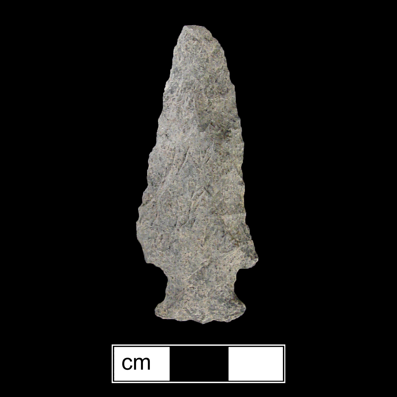 Image of stone projectile point made of Rhyolite, Side-Notched shape, with a Expanding stem, Excurvate blade, and Straight base shape. Normanskill type.