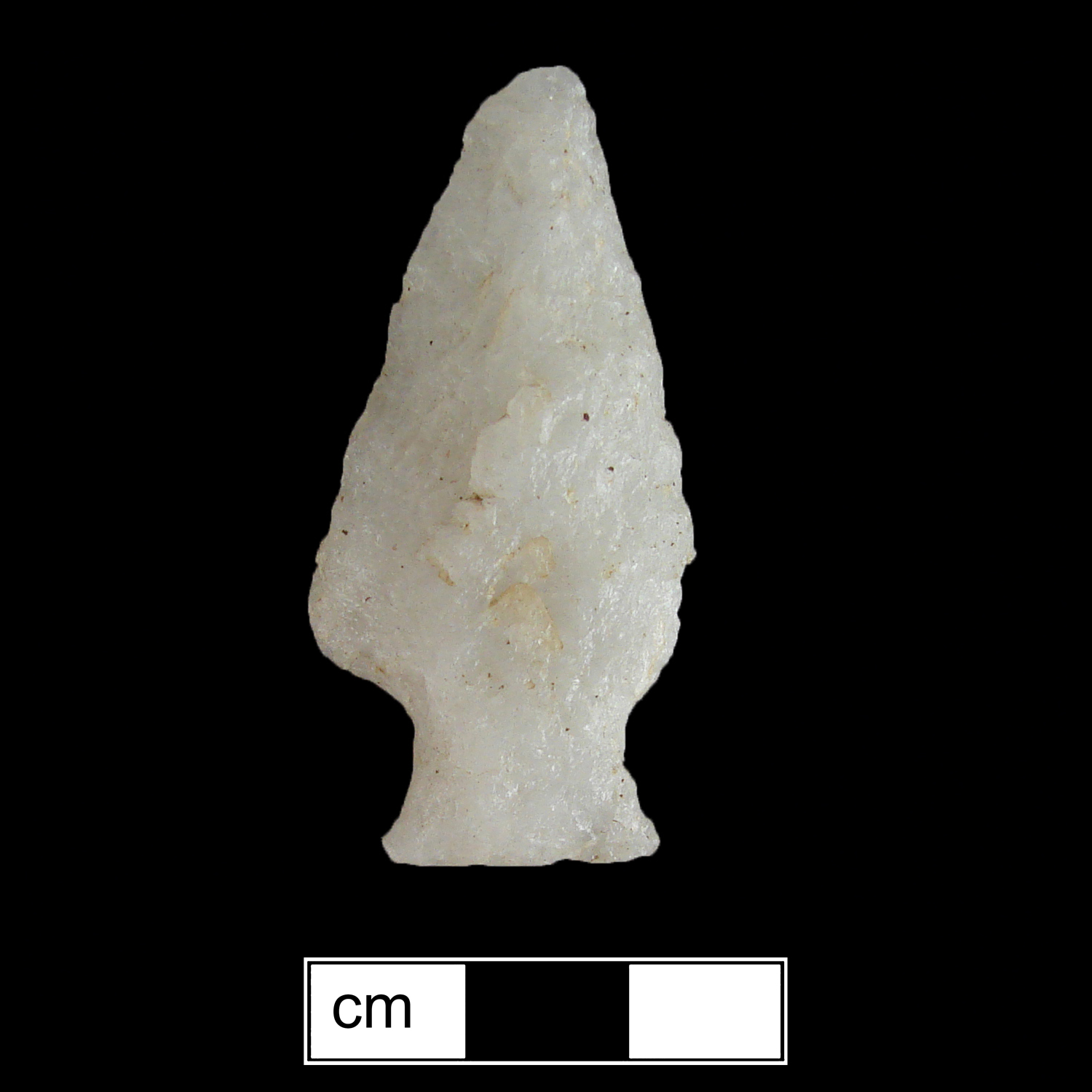 Image of stone projectile point made of Quartz, Side-Notched shape, with a Expanding stem, Excurvate blade, and Straight base shape. Normanskill type.
