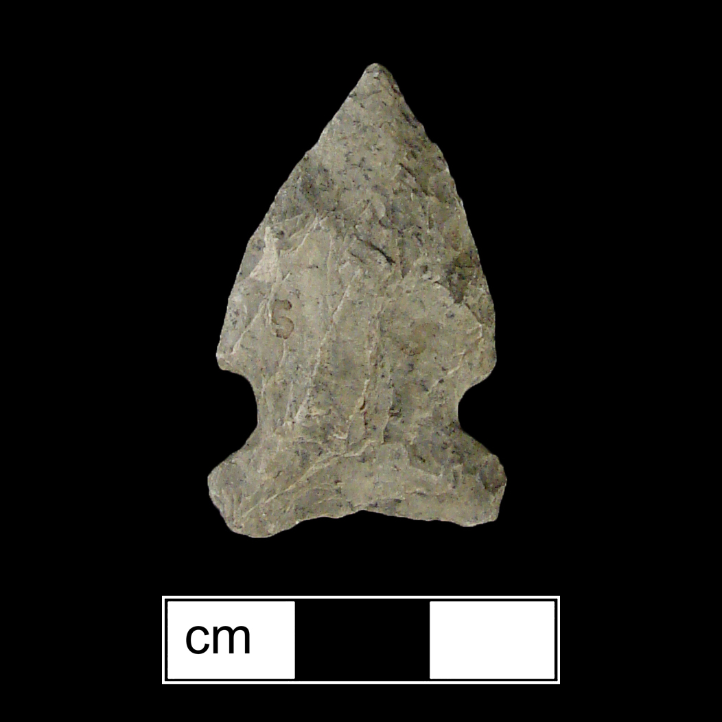 Image of stone projectile point made of Rhyolite, Side-Notched shape, with a Expanding stem, Excurvate blade, and Concave base shape. Otter Creek type.