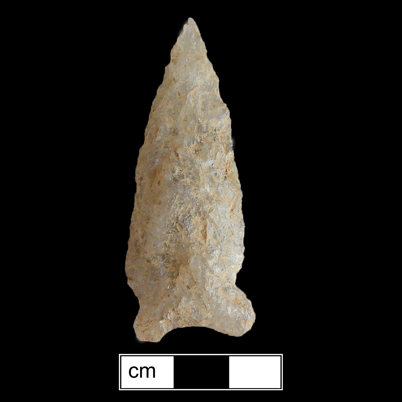 Image of stone projectile point made of Quartzite, Side-Notched shape, with a Expanding stem, Excurvate blade, and Concave base shape. Otter Creek type.