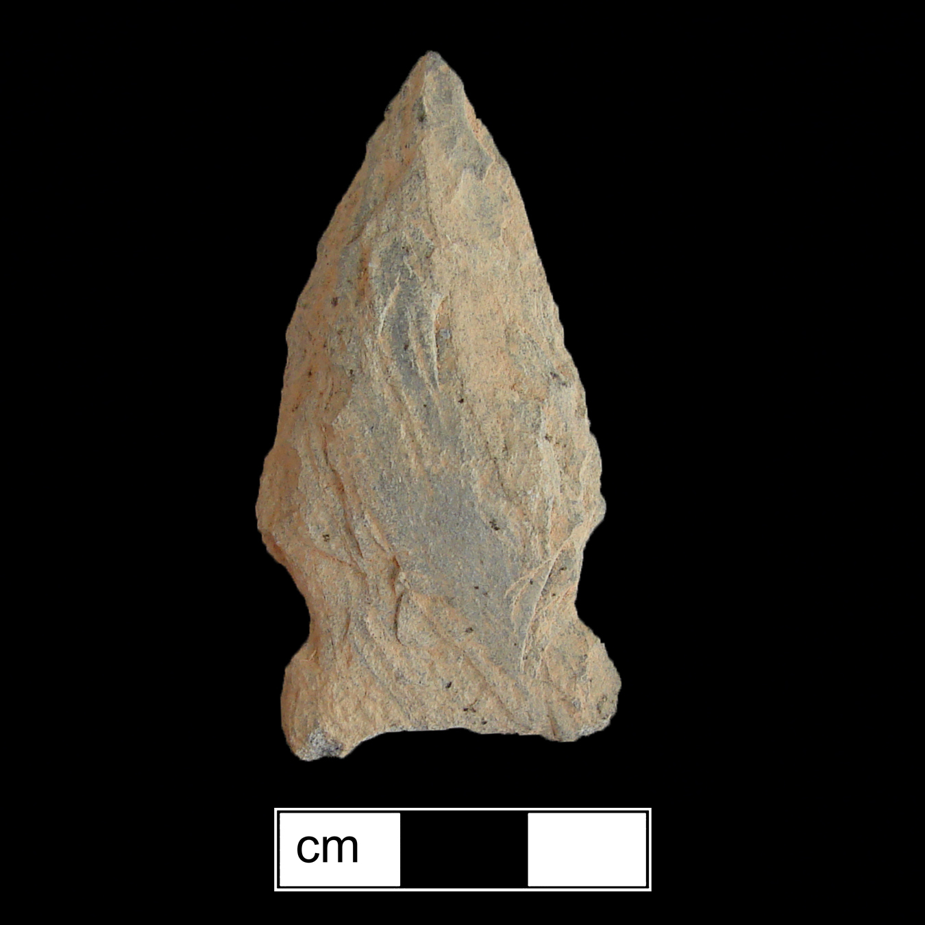 Image of stone projectile point made of Rhyolite, Side-Notched shape, with a Expanding stem, Excurvate blade, and Concave base shape. Otter Creek type.