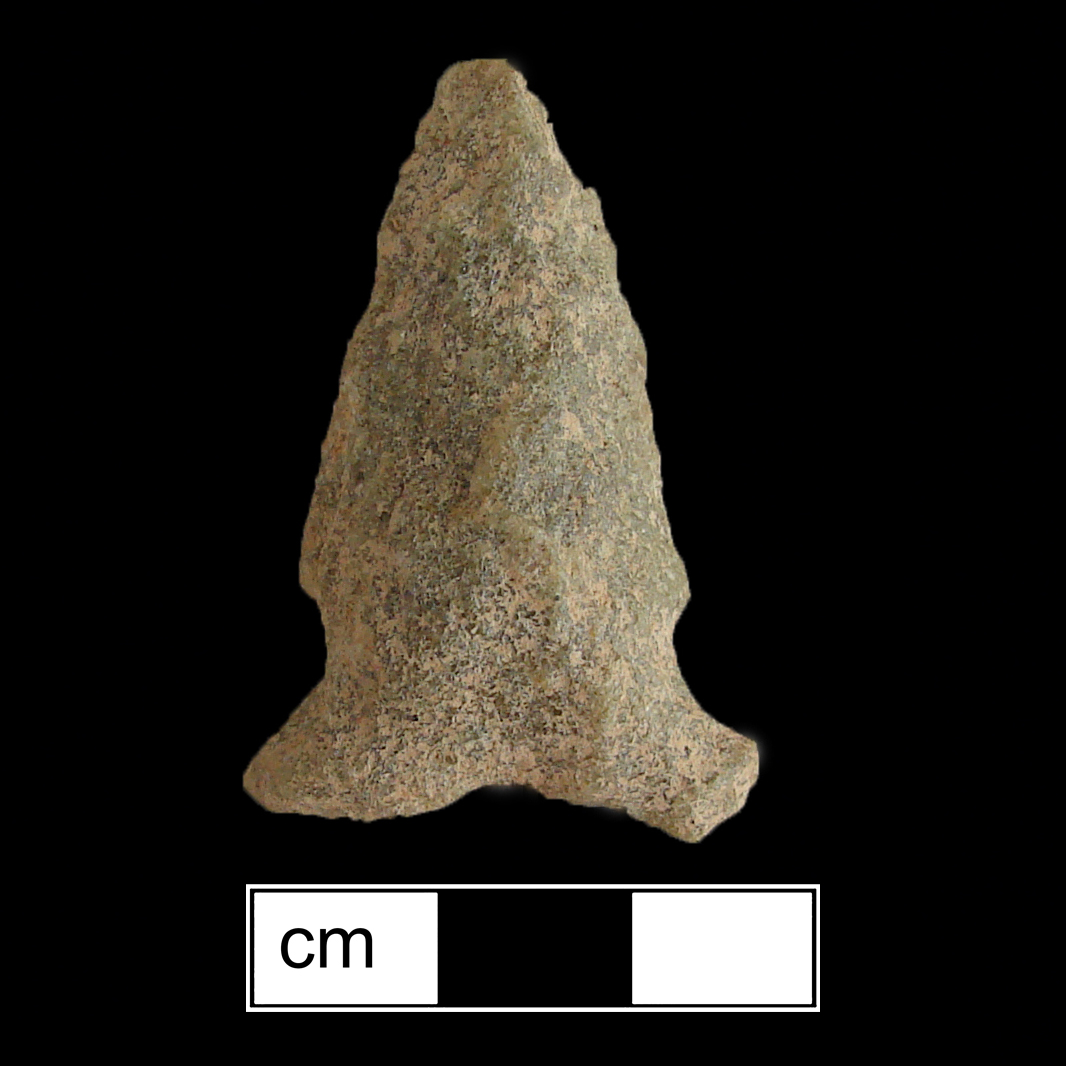 Image of stone projectile point made of Rhyolite, Side-Notched shape, with a Expanding stem, Excurvate blade, and Concave base shape. Otter Creek type.