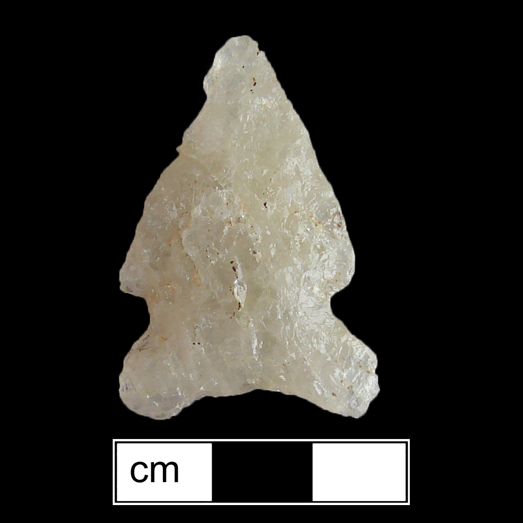 Image of stone projectile point made of Rhyolite, Side-Notched shape, with a Expanding stem, Straight blade, and Concave base shape. Otter Creek type.