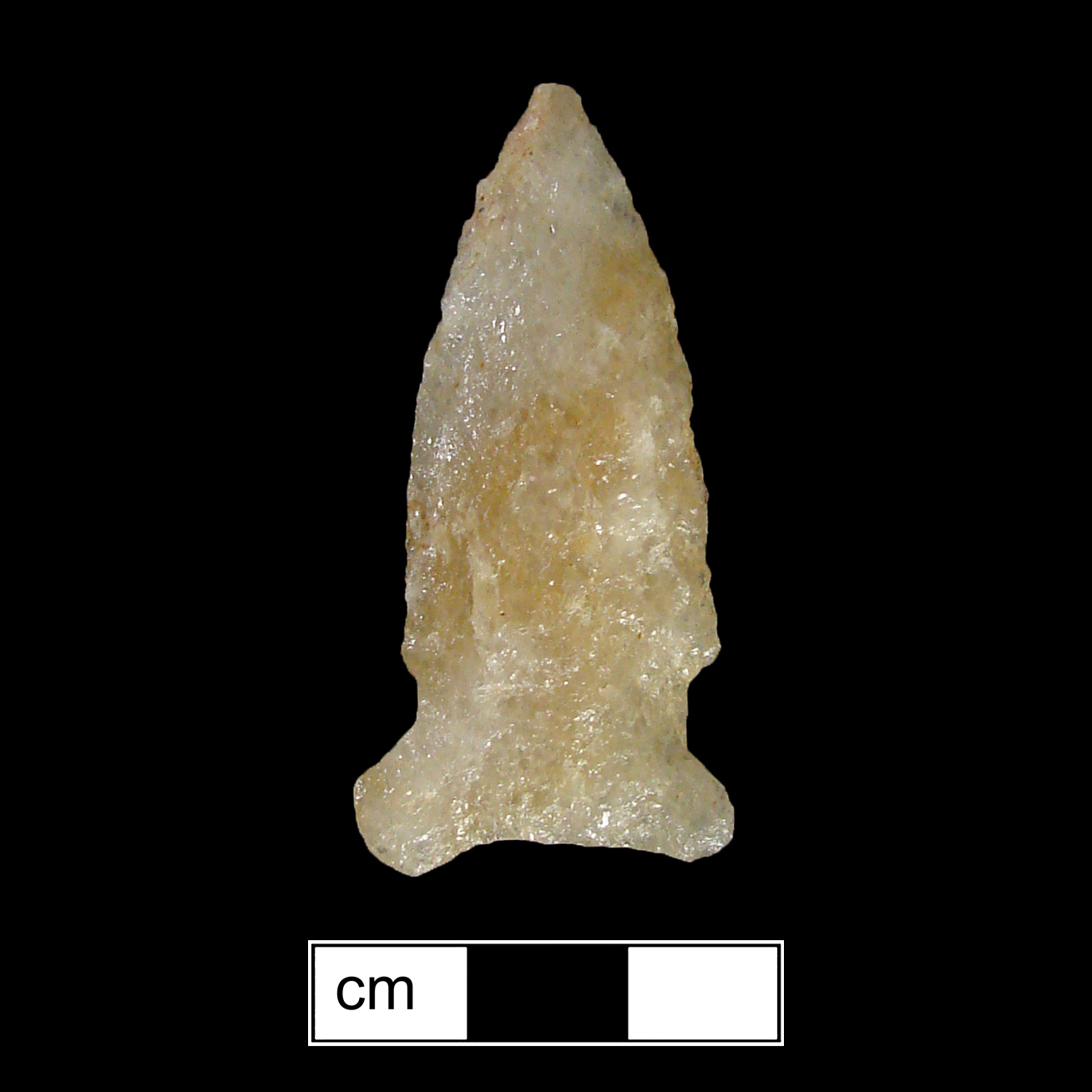 Image of stone projectile point made of Rhyolite, Side-Notched shape, with a Expanding stem, Excurvate blade, and Concave base shape. Otter Creek type.
