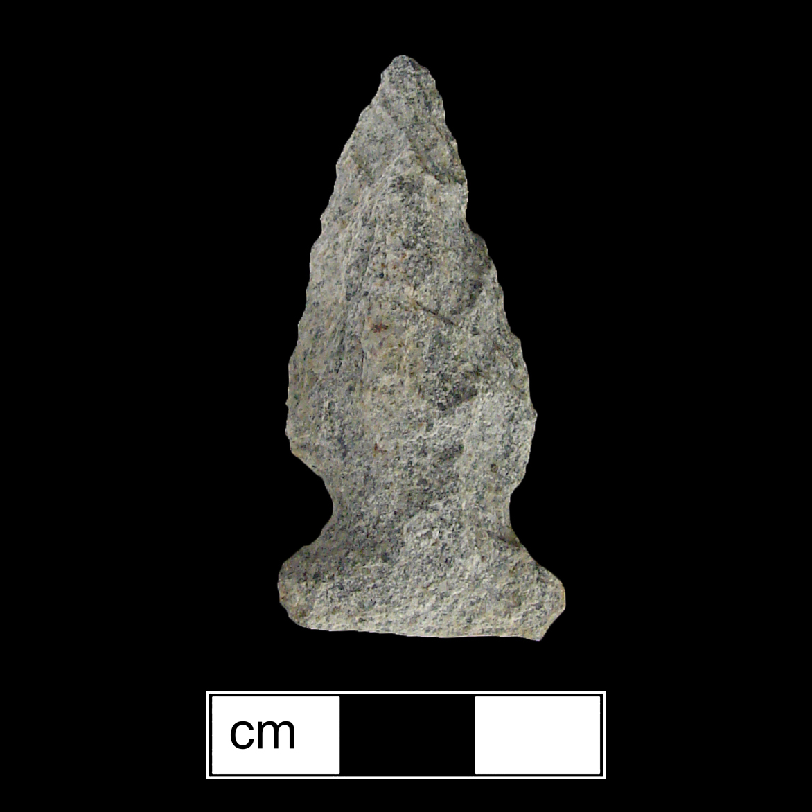Image of stone projectile point made of Rhyolite, Side-Notched shape, with a Expanding stem, Excurvate blade, and Straight base shape. Otter Creek type.