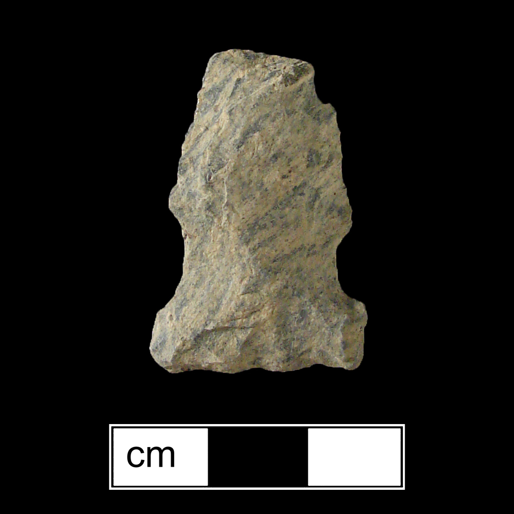 Image of stone projectile point made of Rhyolite, Side-Notched shape, with a Expanding stem, N/A blade, and Straight base shape. Otter Creek type.