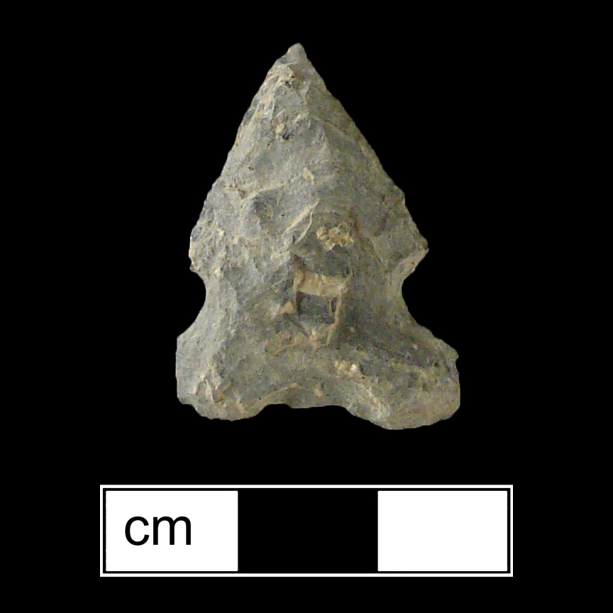 Image of stone projectile point made of Rhyolite, Side-Notched shape, with a Expanding stem, Straight blade, and Concave base shape. Otter Creek type.