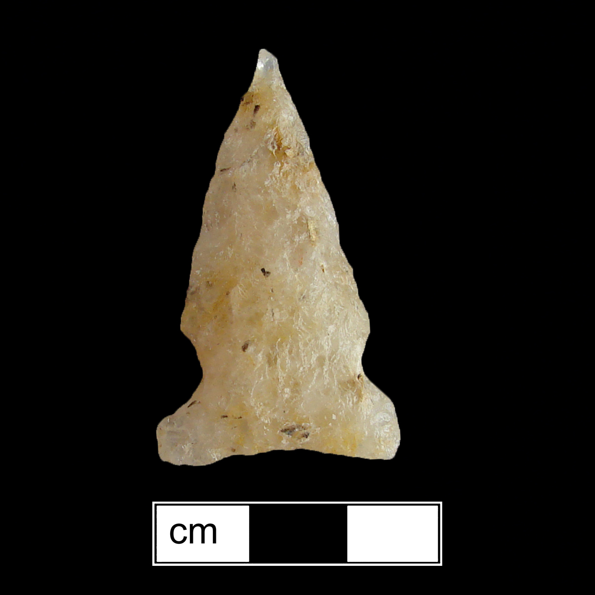 Image of stone projectile point made of Rhyolite, Side-Notched shape, with a Expanding stem, Straight blade, and Concave base shape. Otter Creek type.
