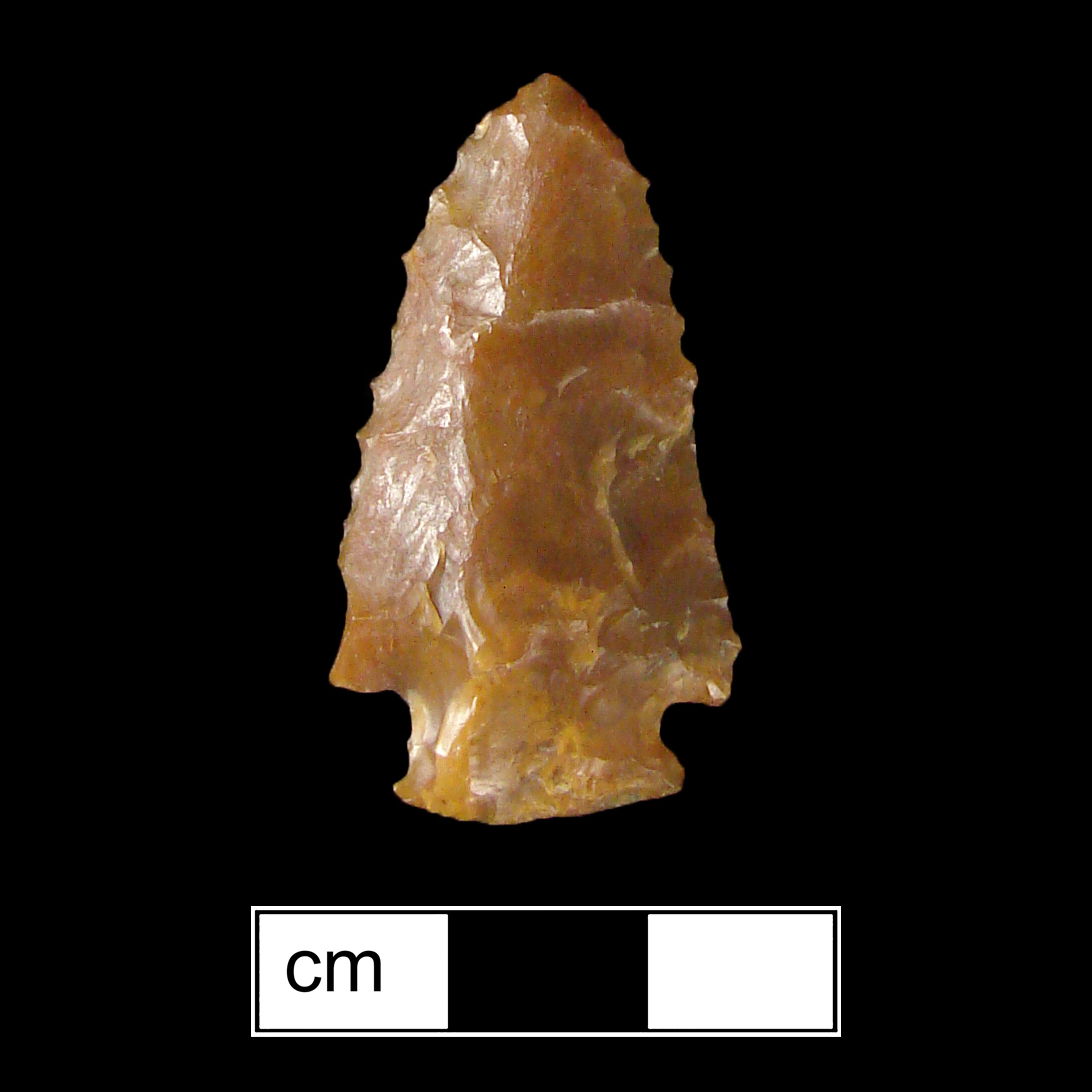Image of stone projectile point made of Jasper, Corner-Notched shape, with a Expanding stem, Recurvate blade, and Convex base shape. Palmer type.
