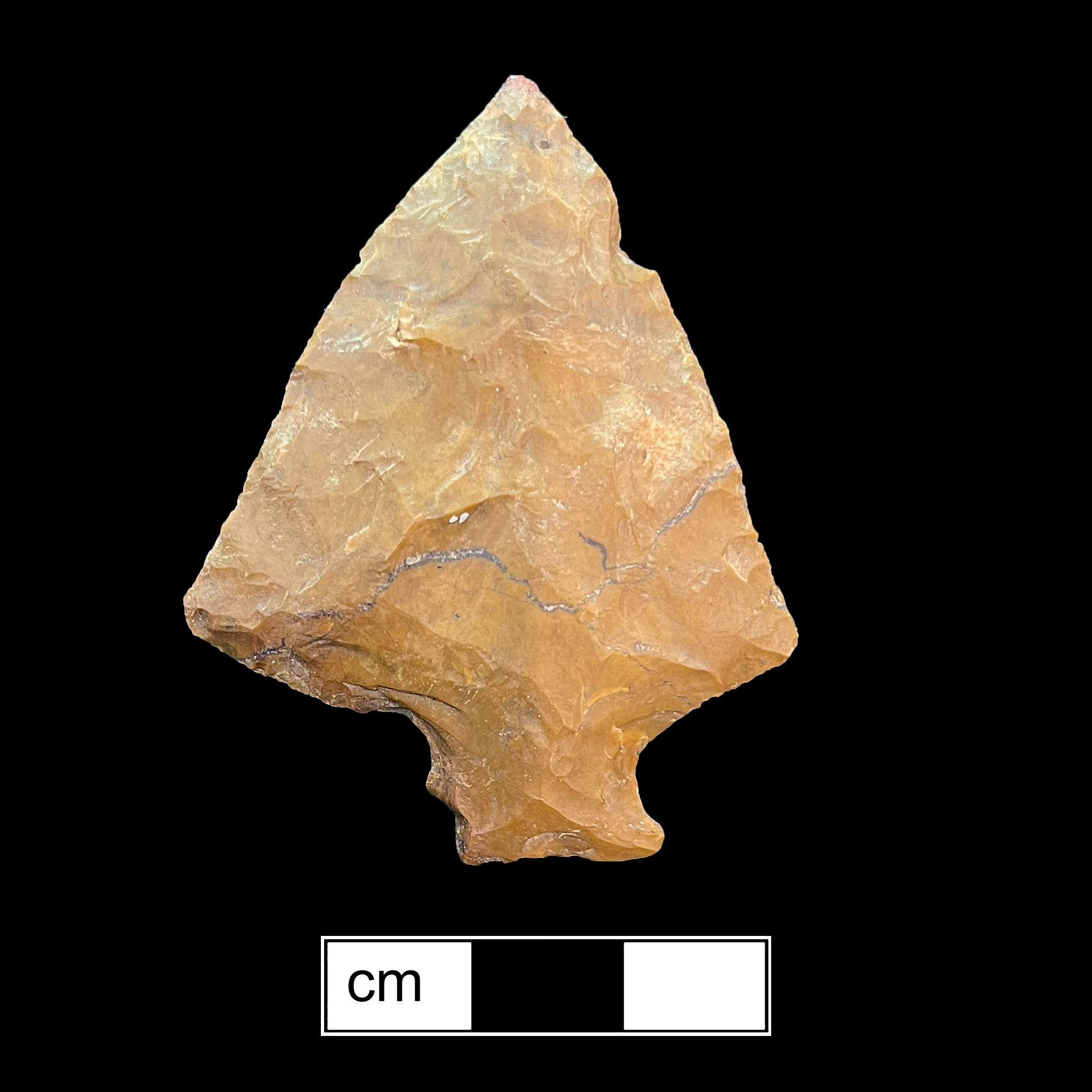 Image of stone projectile point made of Jasper, Stemmed shape, with a Expanding stem, Excurvate blade, and Straight base shape. Perkiomen type.
