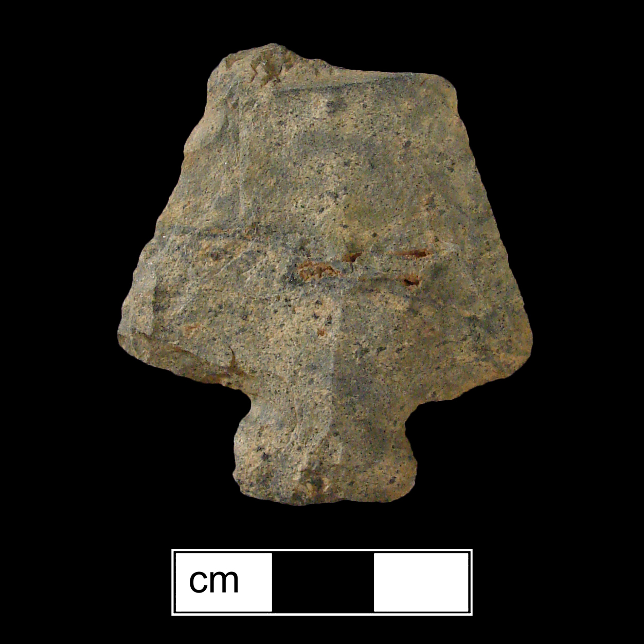 Image of stone projectile point made of Rhyolite, Stemmed shape, with a Expanding stem, N/A blade, and Straight base shape. Perkiomen type.