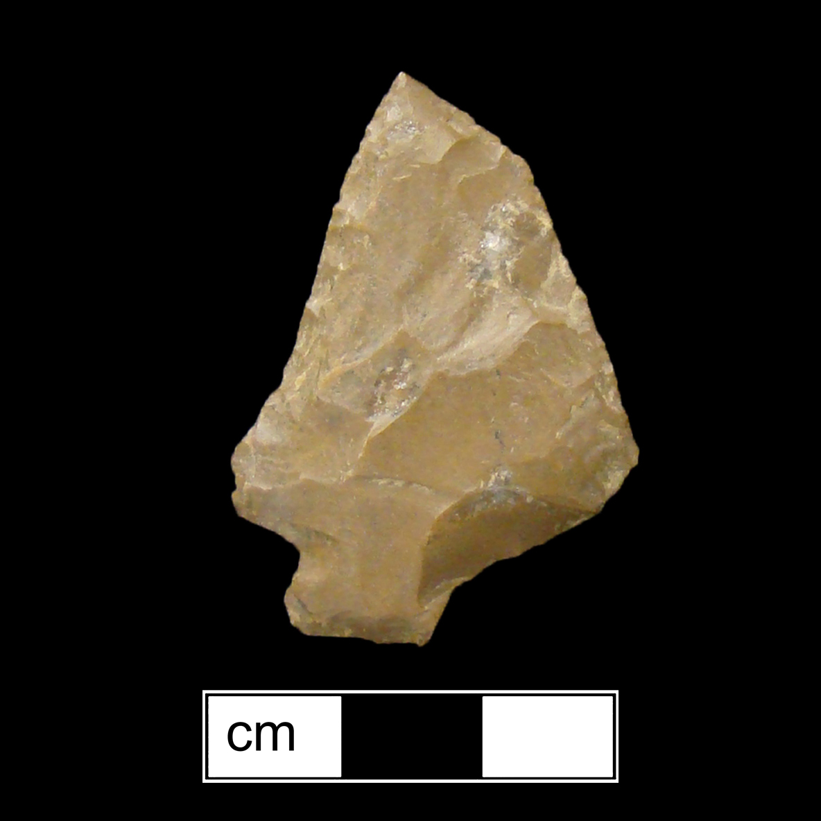 Image of stone projectile point made of Jasper, Stemmed shape, with a Straight stem, Excurvate blade, and Straight base shape. Perkiomen type.