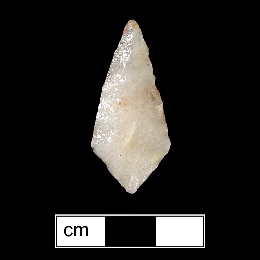 Image of stone projectile point made of Quartz, Contracting Stem shape, with a Contracting stem, Excurvate blade, and Convex base shape. Piscataway type.