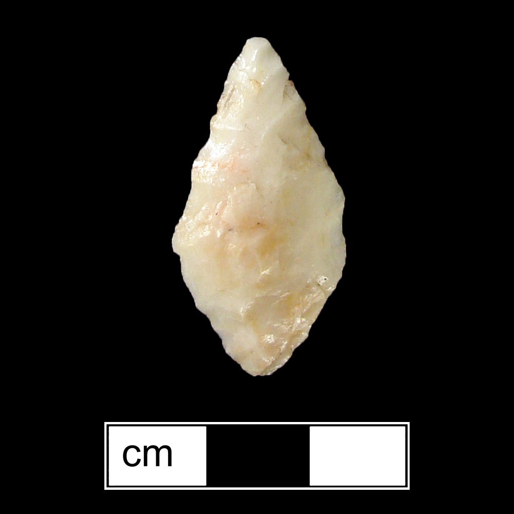Image of stone projectile point made of Quartz, Contracting Stem shape, with a Contracting stem, Excurvate blade, and Convex base shape. Piscataway type.