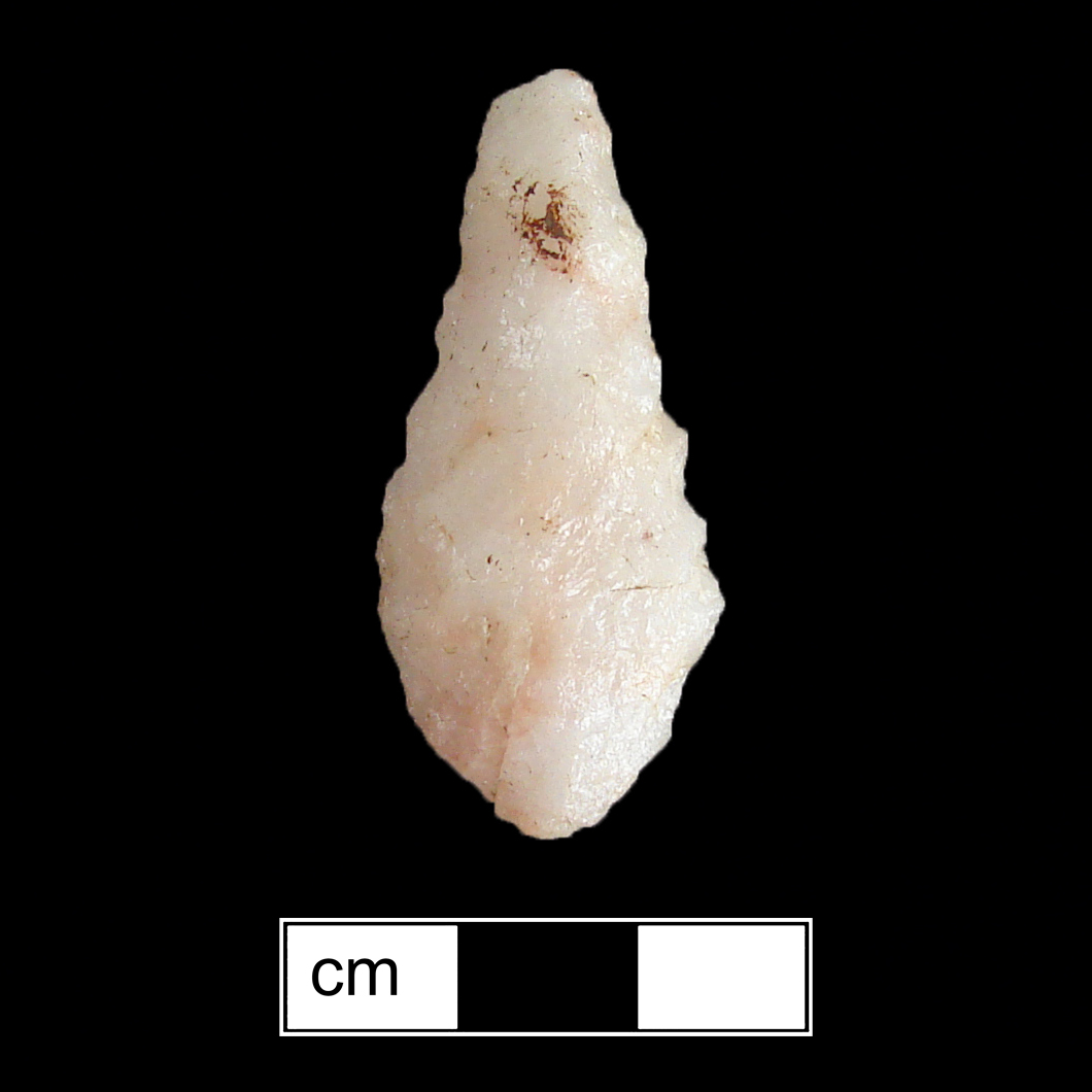 Image of stone projectile point made of Quartz, Contracting Stem shape, with a Contracting stem, Excurvate blade, and Convex base shape. Piscataway type.