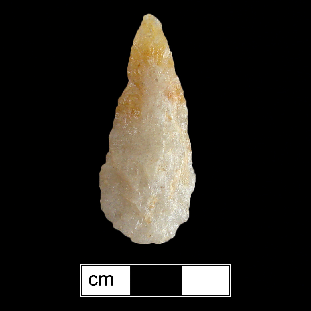 Image of stone projectile point made of Quartz, Contracting Stem shape, with a Contracting stem, Excurvate blade, and Convex base shape. Piscataway type.