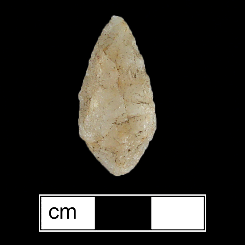 Image of stone projectile point made of Quartz, Contracting Stem shape, with a Contracting stem, Excurvate blade, and Convex base shape. Piscataway type.