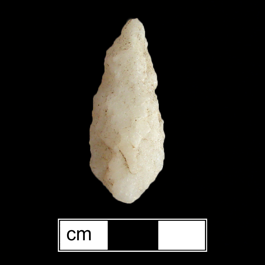 Image of stone projectile point made of Quartz, Contracting Stem shape, with a Contracting stem, Excurvate blade, and Convex base shape. Piscataway type.